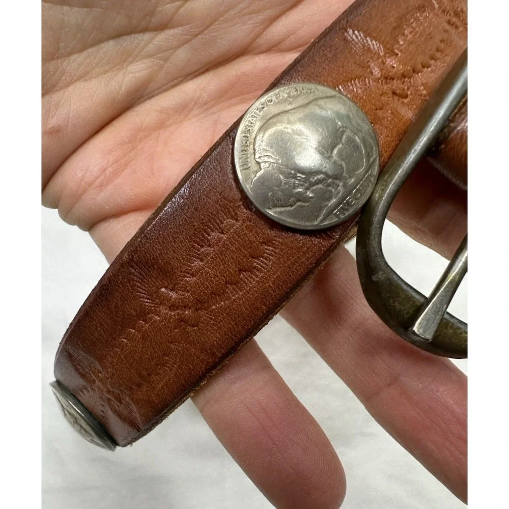 Buffalo Head Nickel Youth Belt 28 Handcrafted Brown Leather Tooled Western Vtg